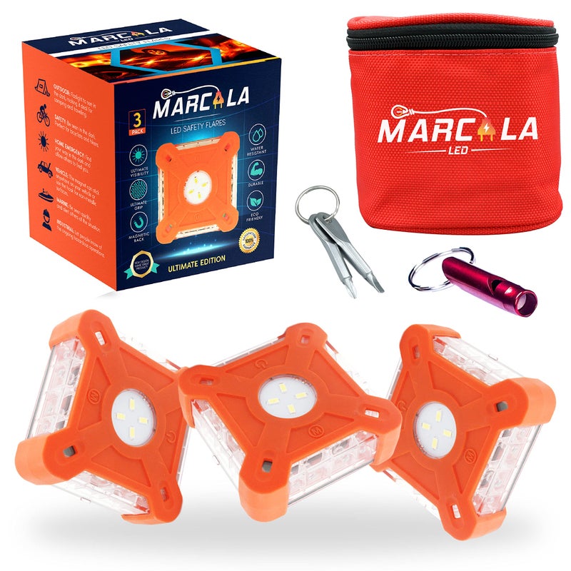 MARCALA Emergency Lights for Vehicles 3-Pack | LED Road Flares | Flares Emergency Road | LED Emergency Flares Include Batteries, Case, Whistle and are Stronger, Brighter & Better than round LED Flares - Image 1